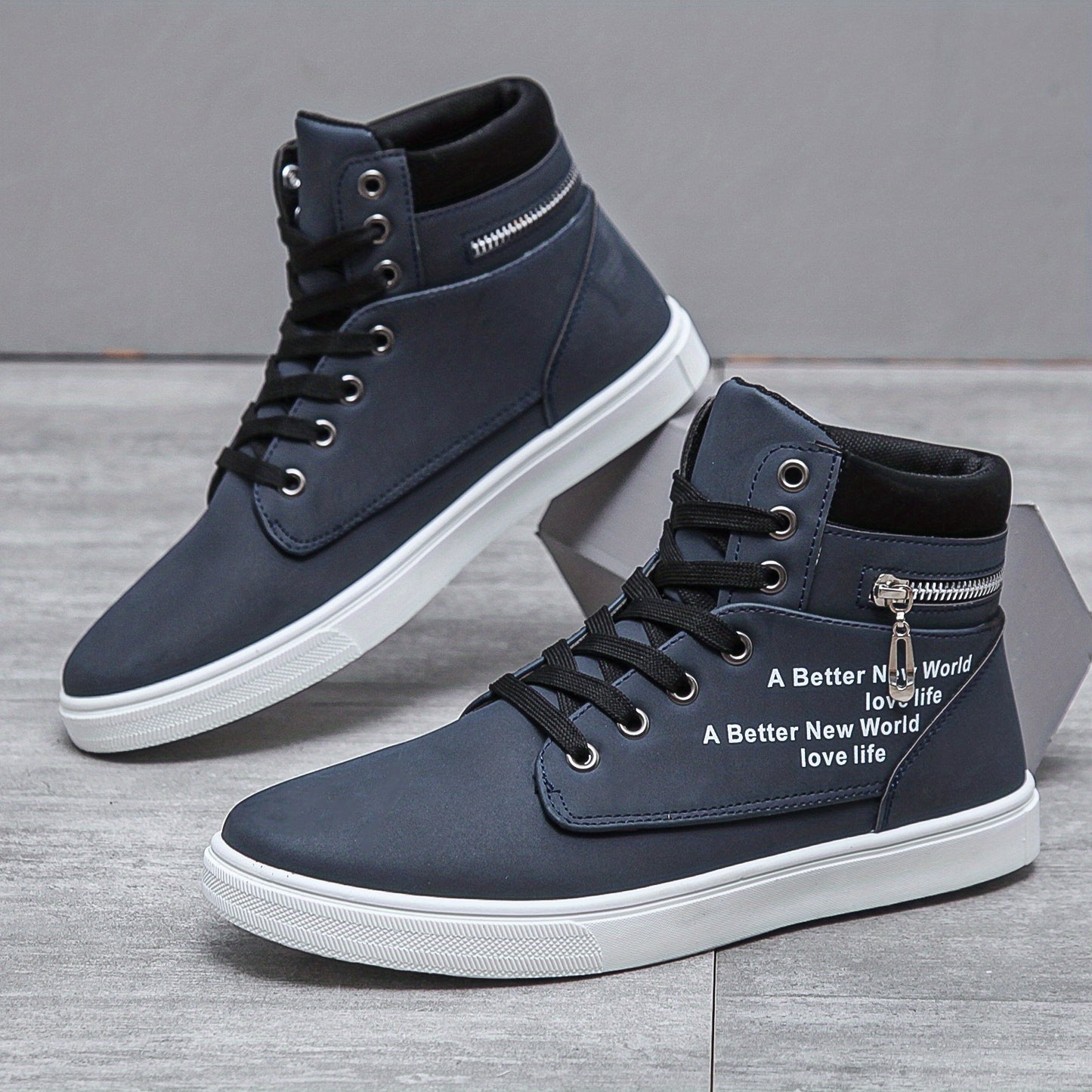Men's Lace-up Sneakers High Top, Zipper Skate Shoes With Good Traction, Breathable