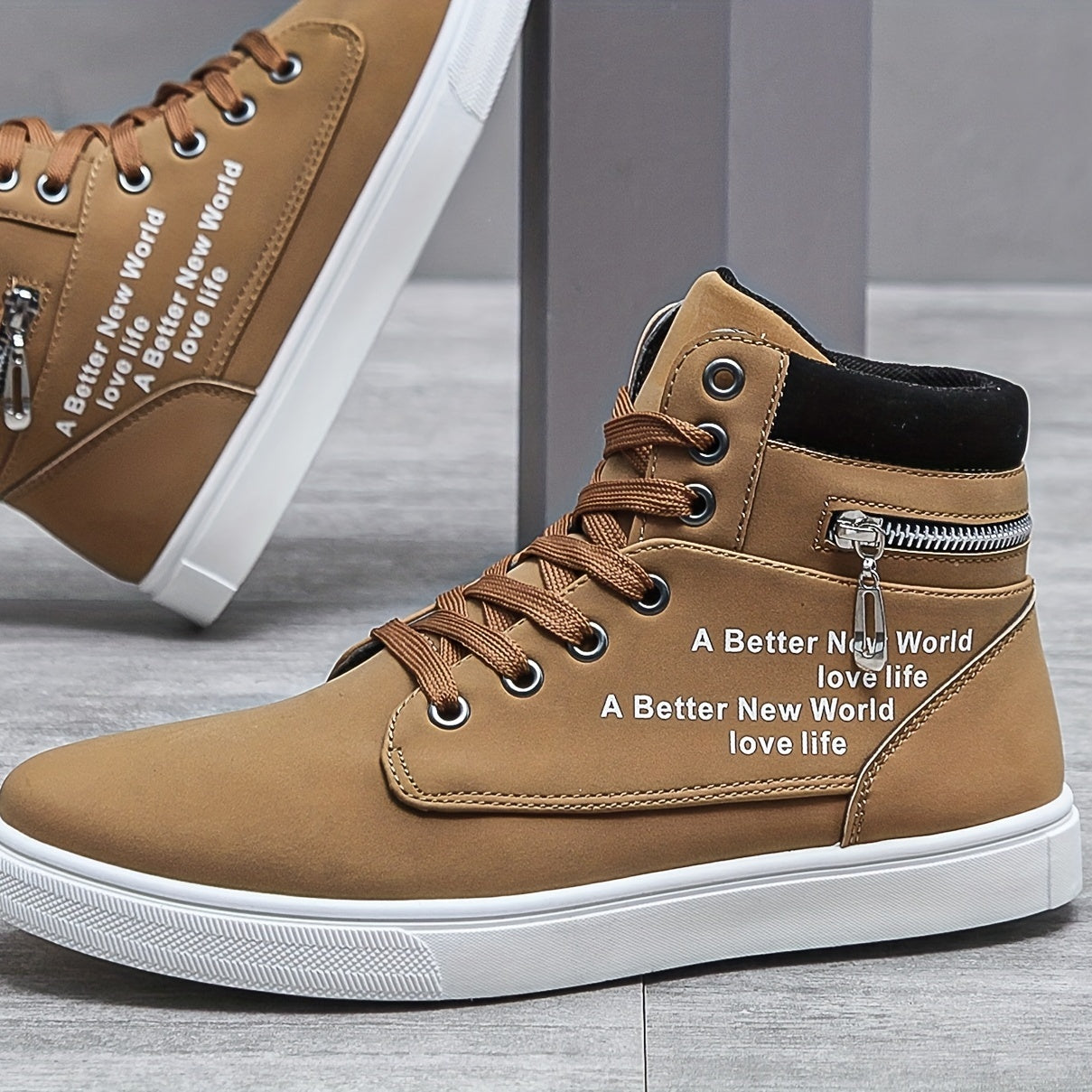 Men's Lace-up Sneakers High Top, Zipper Skate Shoes With Good Traction, Breathable
