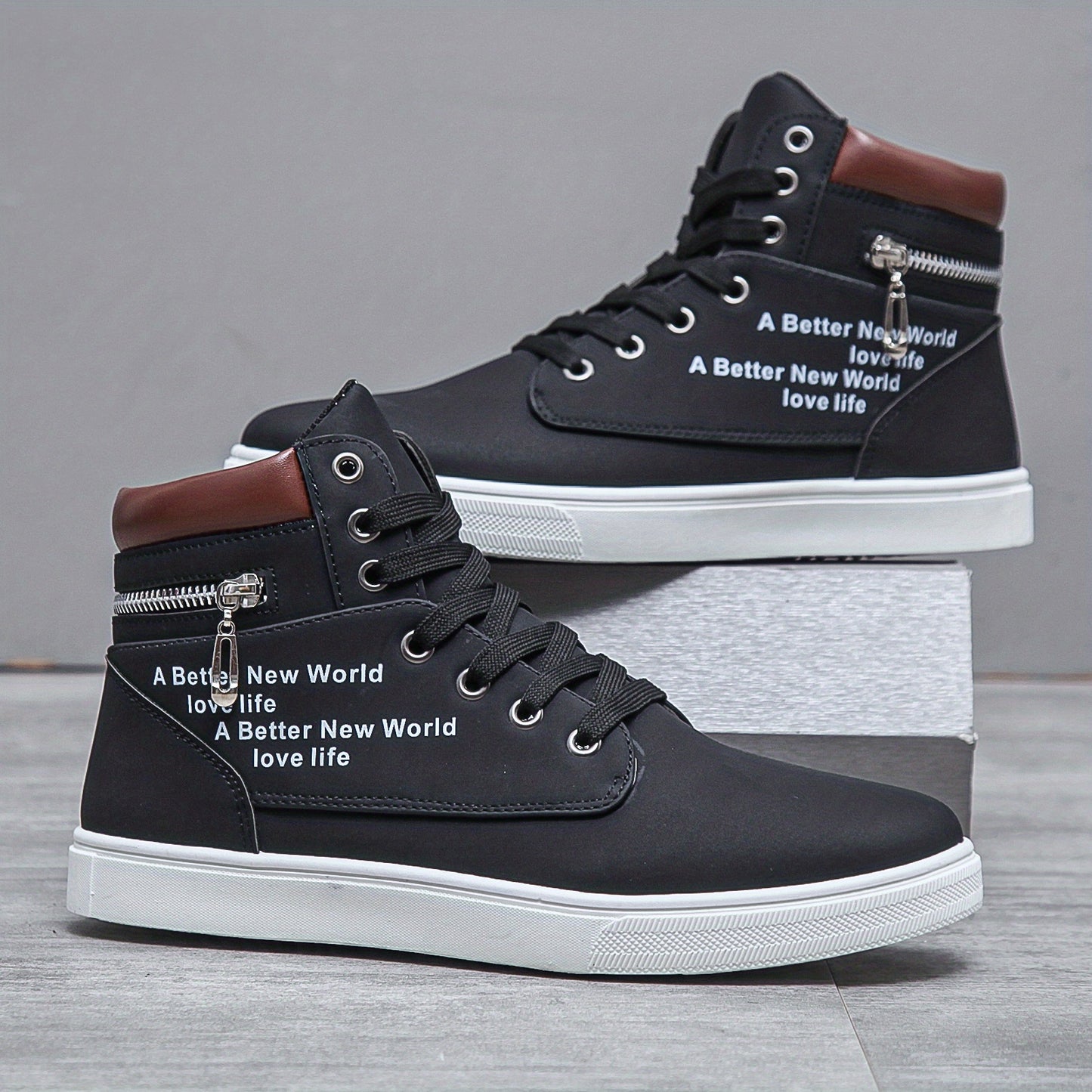 Men's Lace-up Sneakers High Top, Zipper Skate Shoes With Good Traction, Breathable