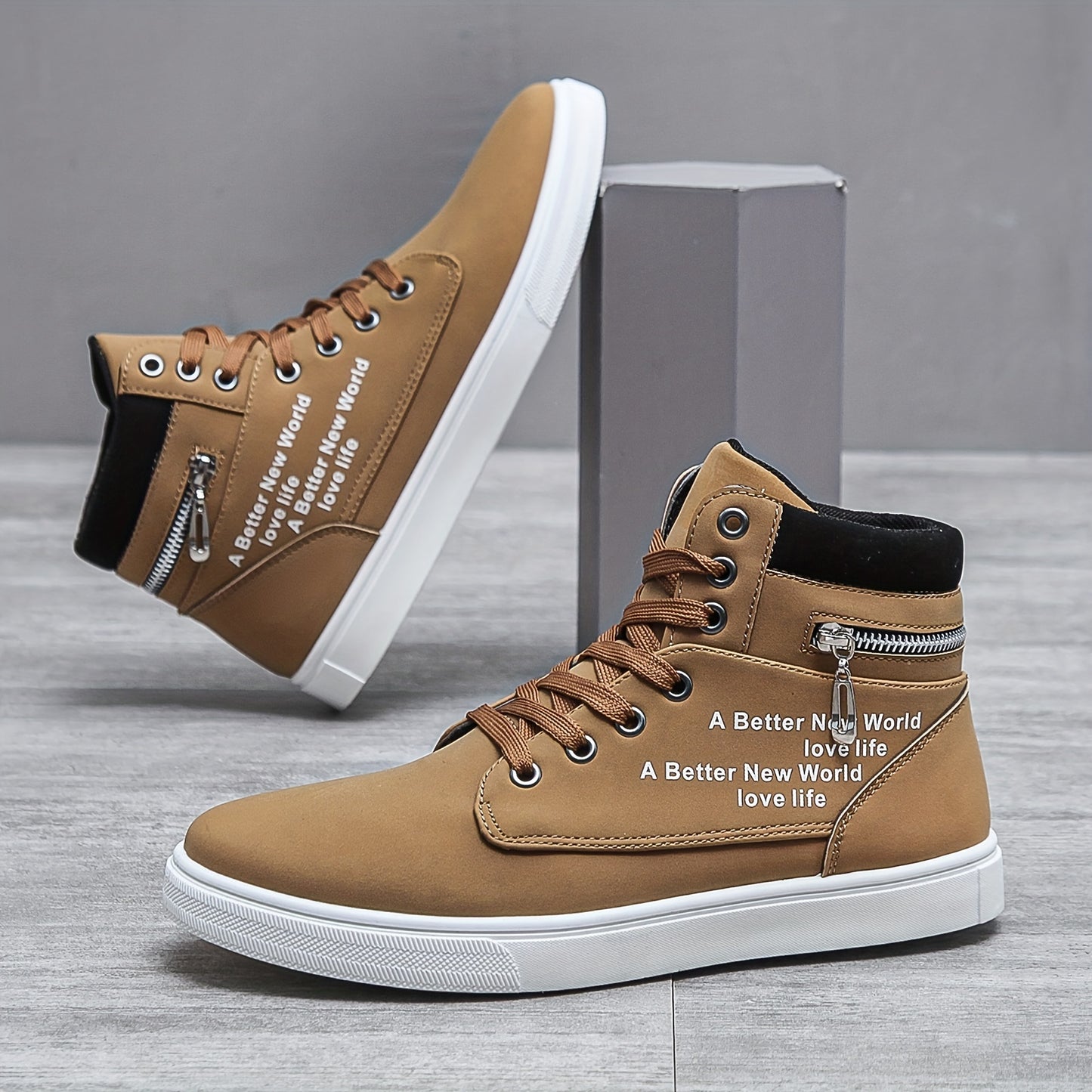 Men's Lace-up Sneakers High Top, Zipper Skate Shoes With Good Traction, Breathable