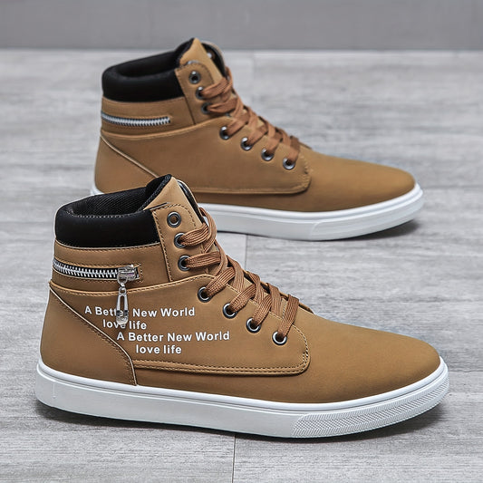 Men's Lace-up Sneakers High Top, Zipper Skate Shoes With Good Traction, Breathable